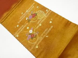 金彩ヱ霞に丸文・秋草模様刺繍開き名古屋帯（額縁仕立て）